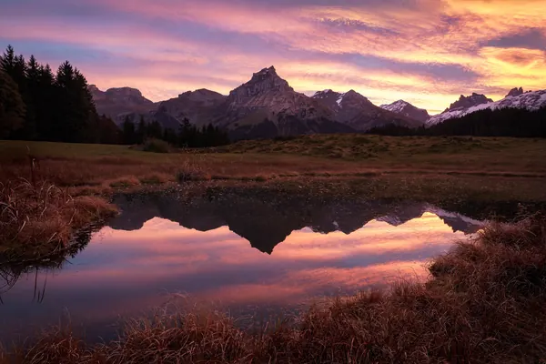 Hahnen bei Sonnenaufgang – Morgenrot mit Spiegelung