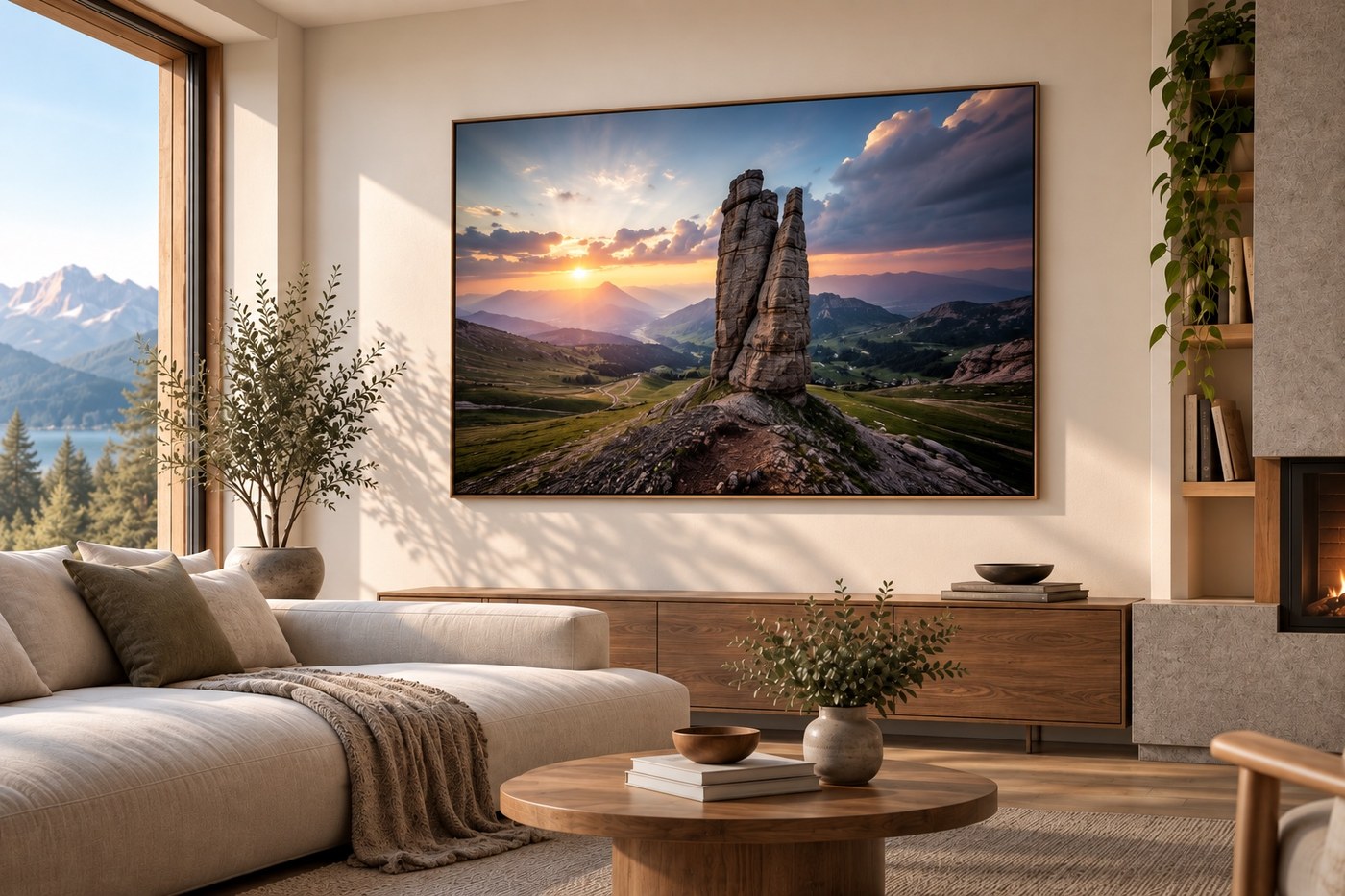 Leinwand mit alpiner Landschaftsfotografie in einem warm eingerichteten Wohnraum