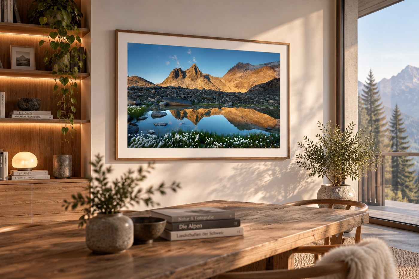 Fine-Art Print mit Bergsee-Fotografie in einem hellen, modernen Wohnraum